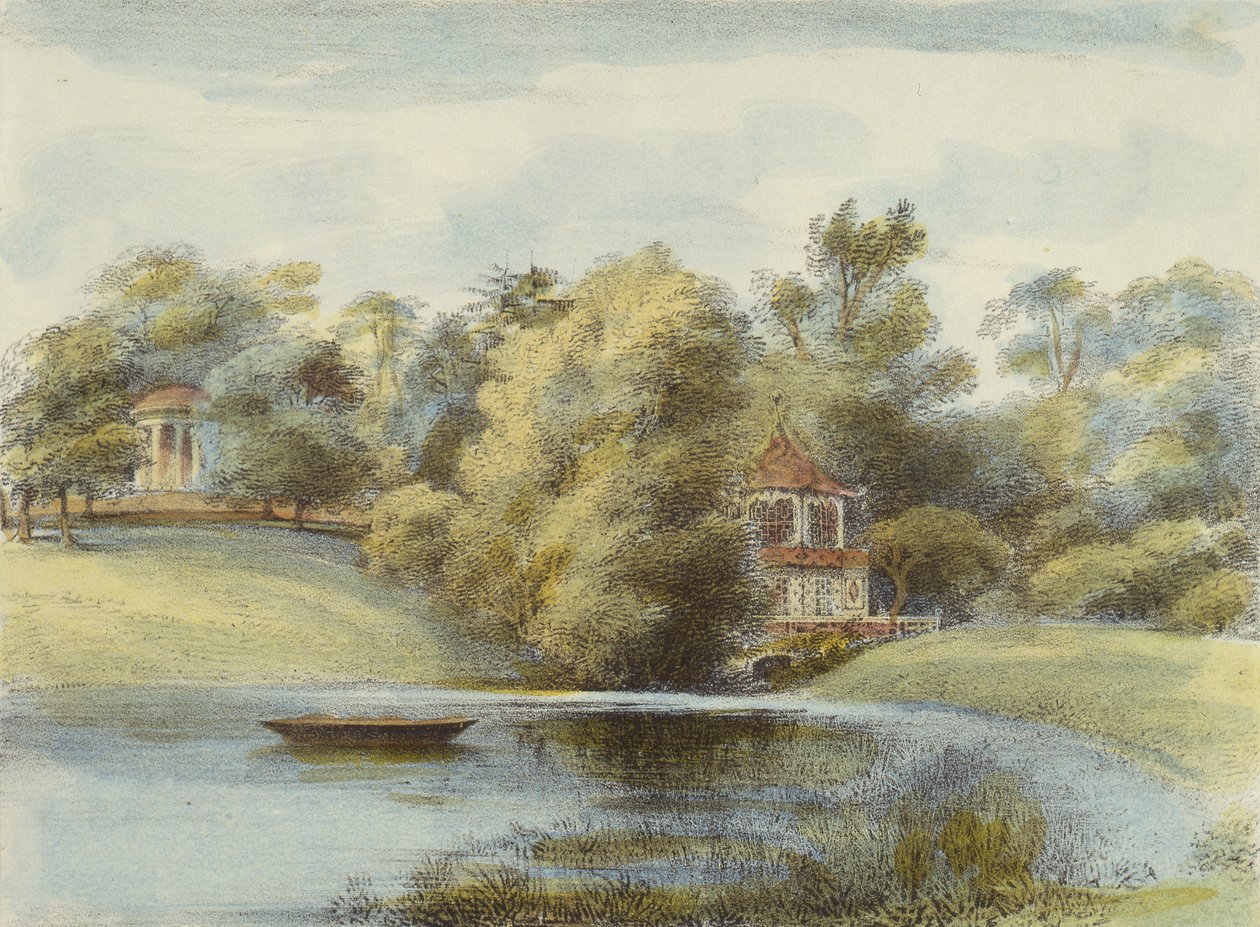 Tempio cinese e Tempio di Eolo, Kew Gardens, tavola 16 da Kew Gardens: Una serie di ventiquattro disegni su pietra, incisa da Charles Hullmandel da George Ernest after Papendiek