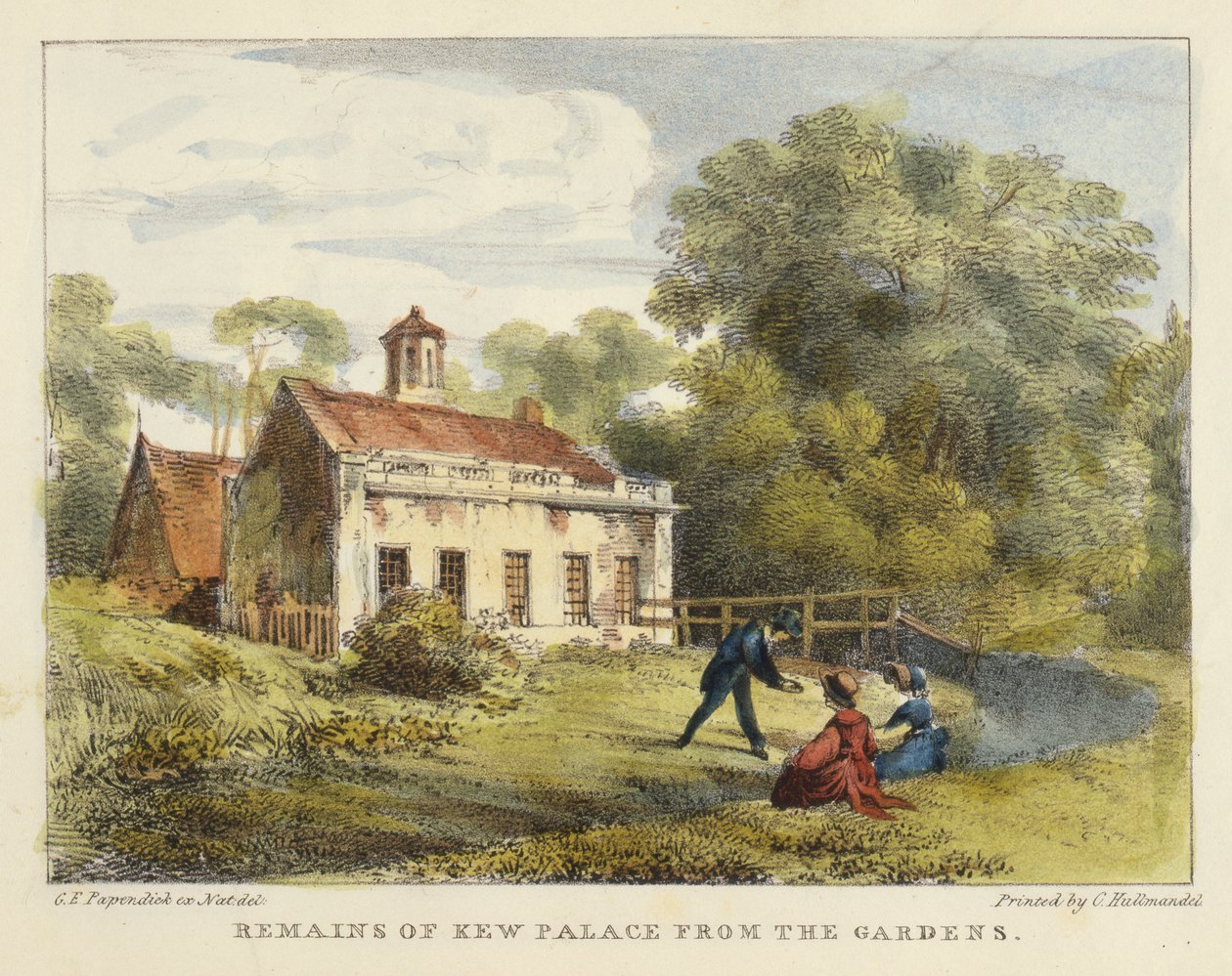 Rovine del Palazzo di Kew dai Giardini, tavola 6 da Kew Gardens: Una Serie di Ventiquattro Disegni su Pietra, inciso da Charles Hullmandel (1789-1850) pubblicato nel 1820 da George Ernest after Papendiek