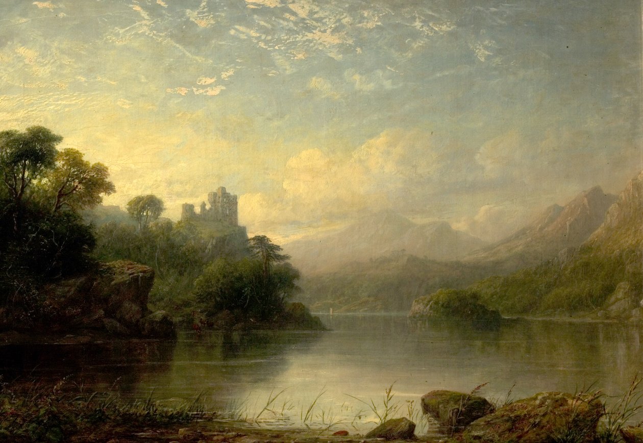 Scena lacustre con castello in rovina e montagne, XIX secolo da George F. Buchanan