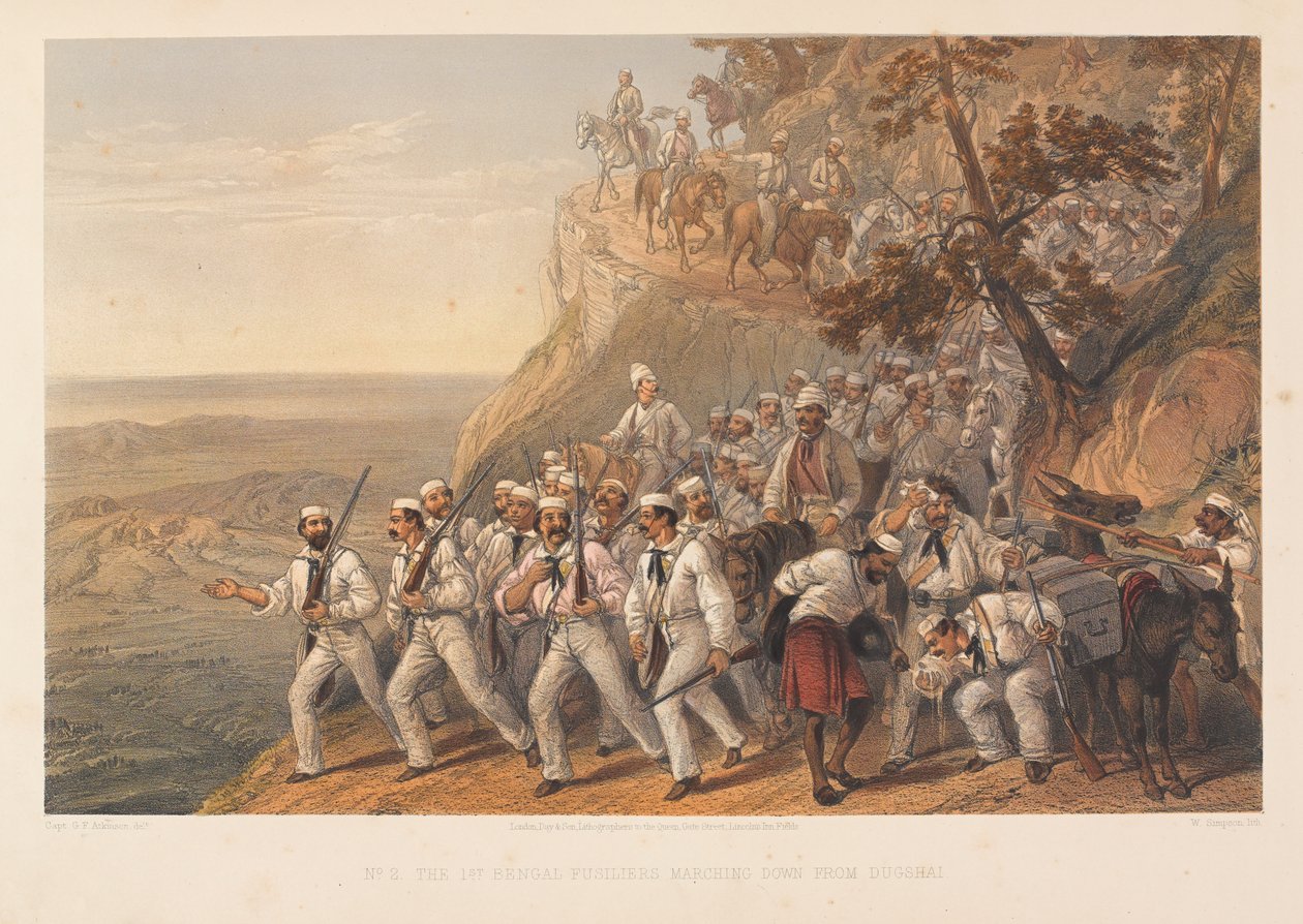 Il 1° Bengal Fusiliers che marcia giù da Dugshai, 1857 da George Francklin Atkinson