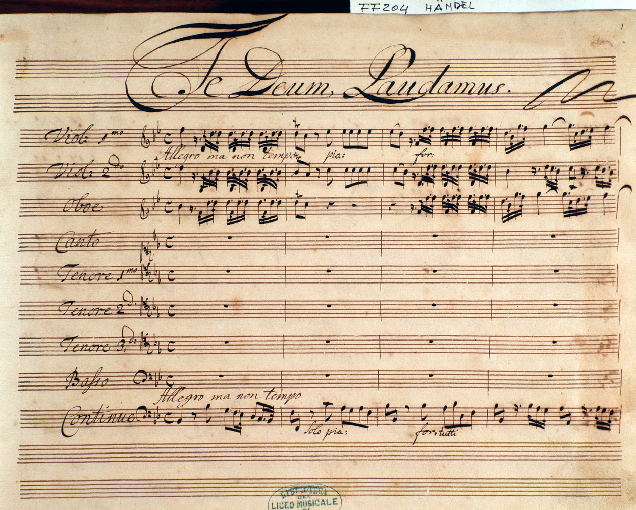 Pagina del titolo della partitura musicale di Te Deum di G F Handel da George Frederick Handel