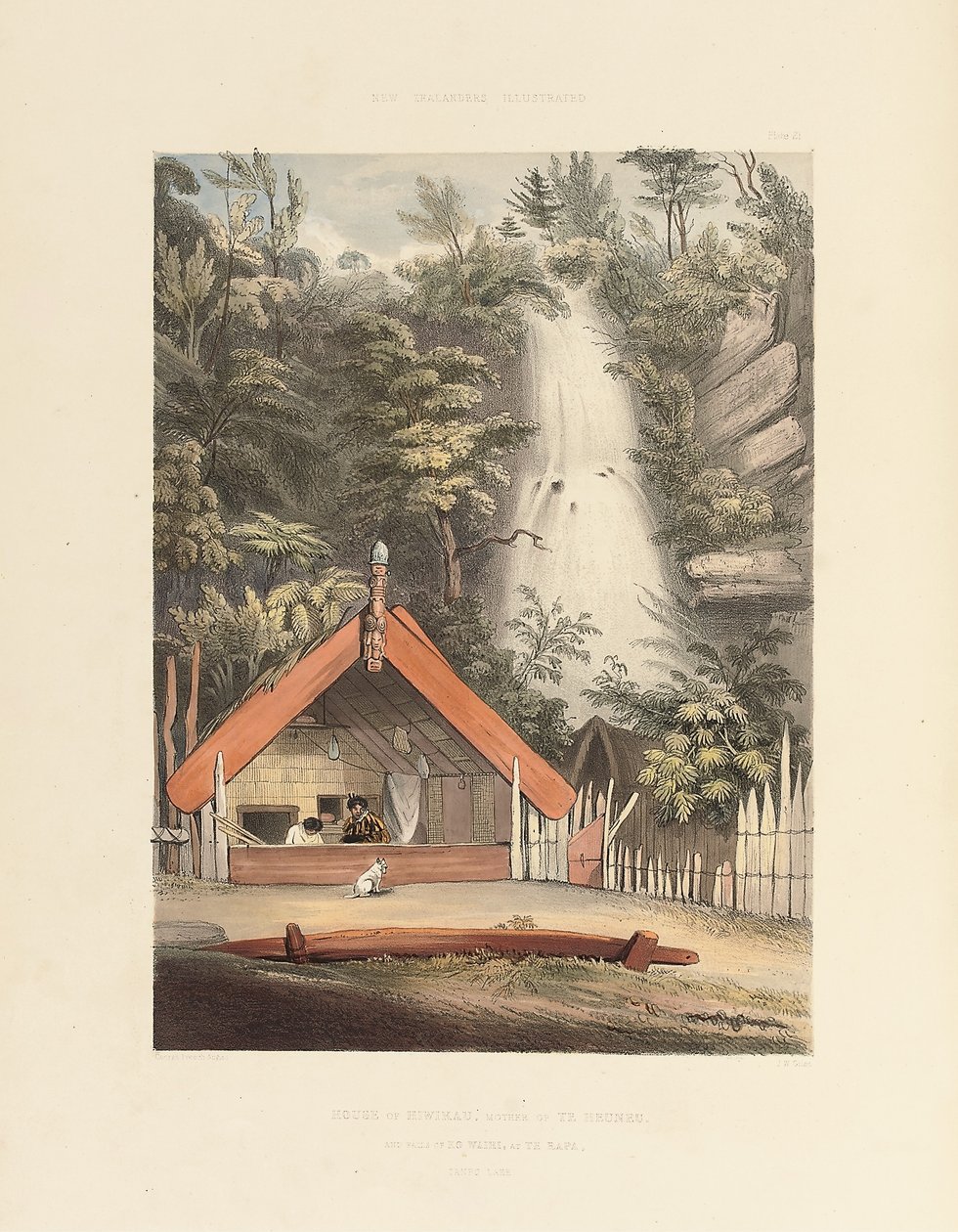 Casa di Hiwikau, Madre di Heuneu, e Cascate di Ko Waihi, a Te Rapa, tavola 21 da "The New Zealanders Illustrated" da George French Angas