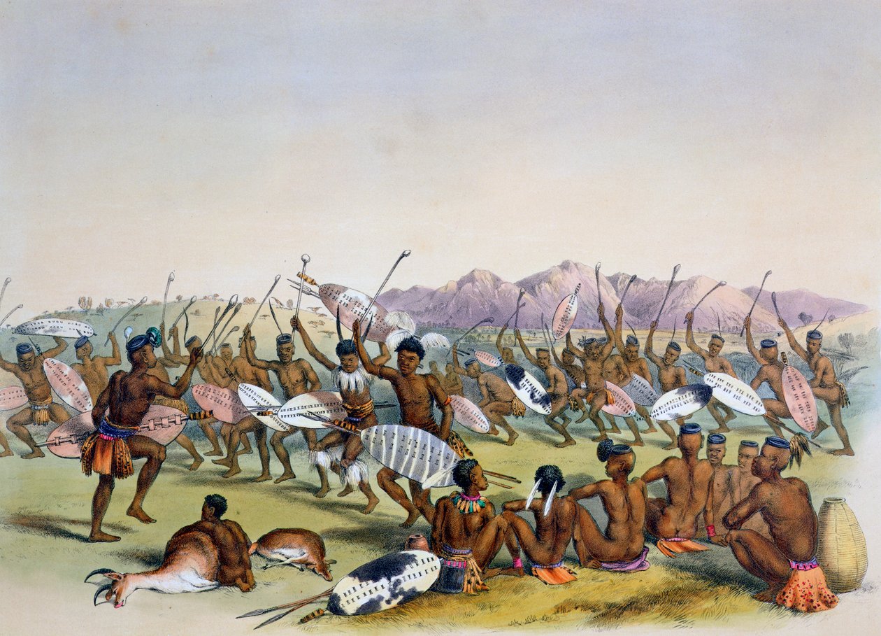 Danza di caccia Zulu vicino alle montagne Engooi, 1849 da George French Angas