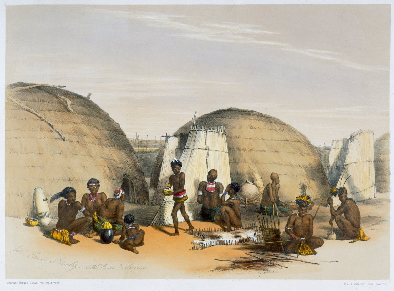 Kraal Zulu a Umlazi con capanne e schermi, 1849 da George French Angas