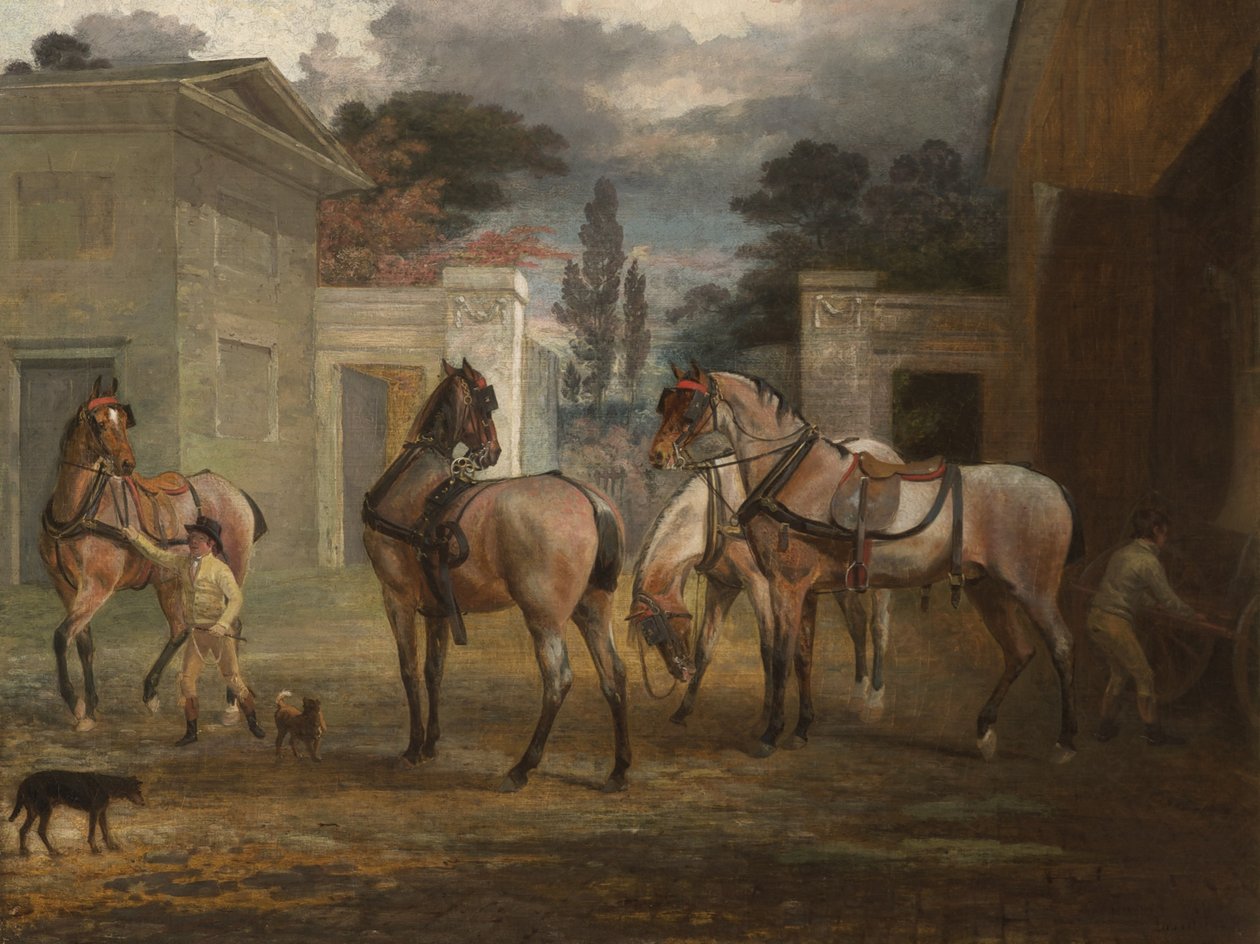 Quattro cavalli da carrozza roani con due stallieri da George Garrard