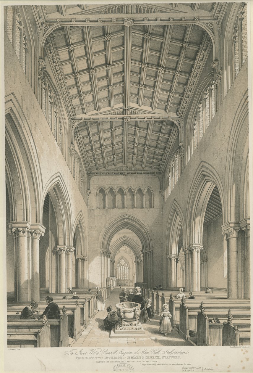 Stafford - Interno della Chiesa di Santa Maria: litografia colorata da George Gilbert Scott