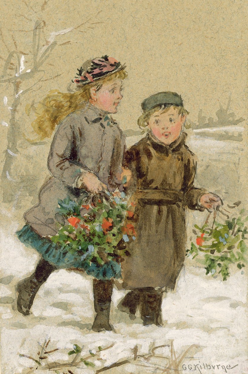 Bambini che giocano nella neve - Raccolta di agrifoglio da George Goodwin Kilburne