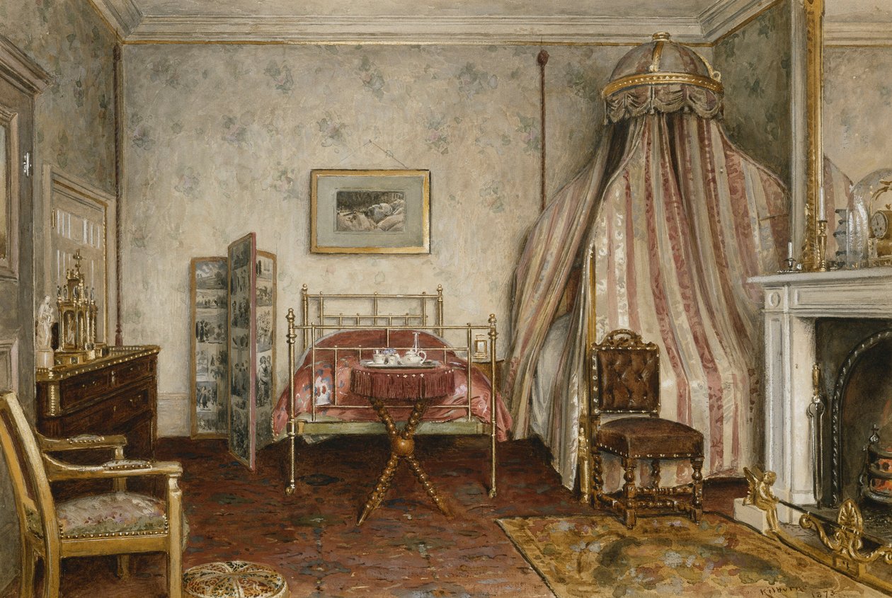 Vista della camera da letto dove morì Napoleone III, Camden Place, Chislehurst, Kent, 1873 da George Goodwin Kilburne