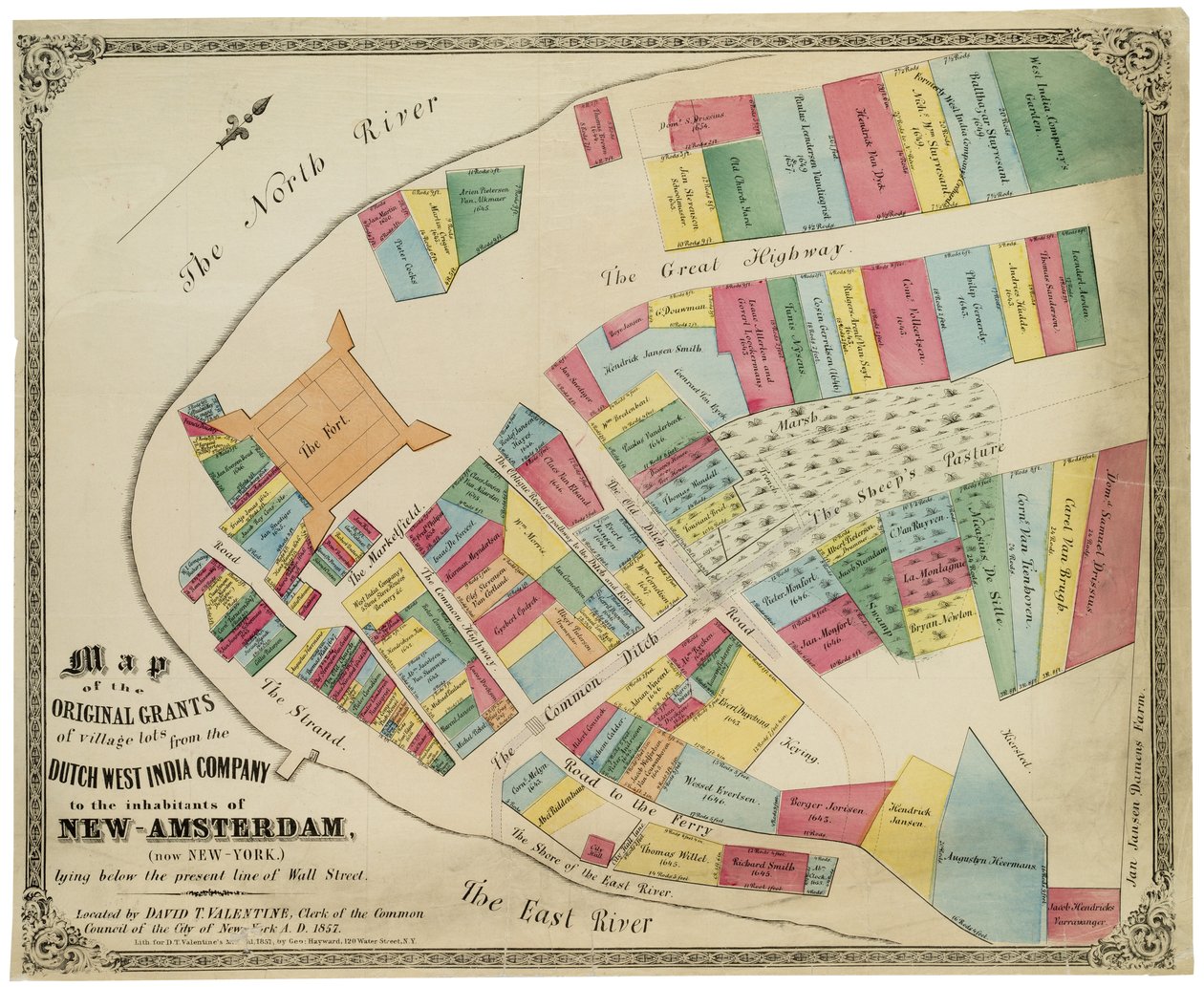 Mappa delle concessioni originali dei lotti del villaggio dalla Compagnia Olandese delle Indie Occidentali agli abitanti di New-Amsterdam (ora New York) sotto l