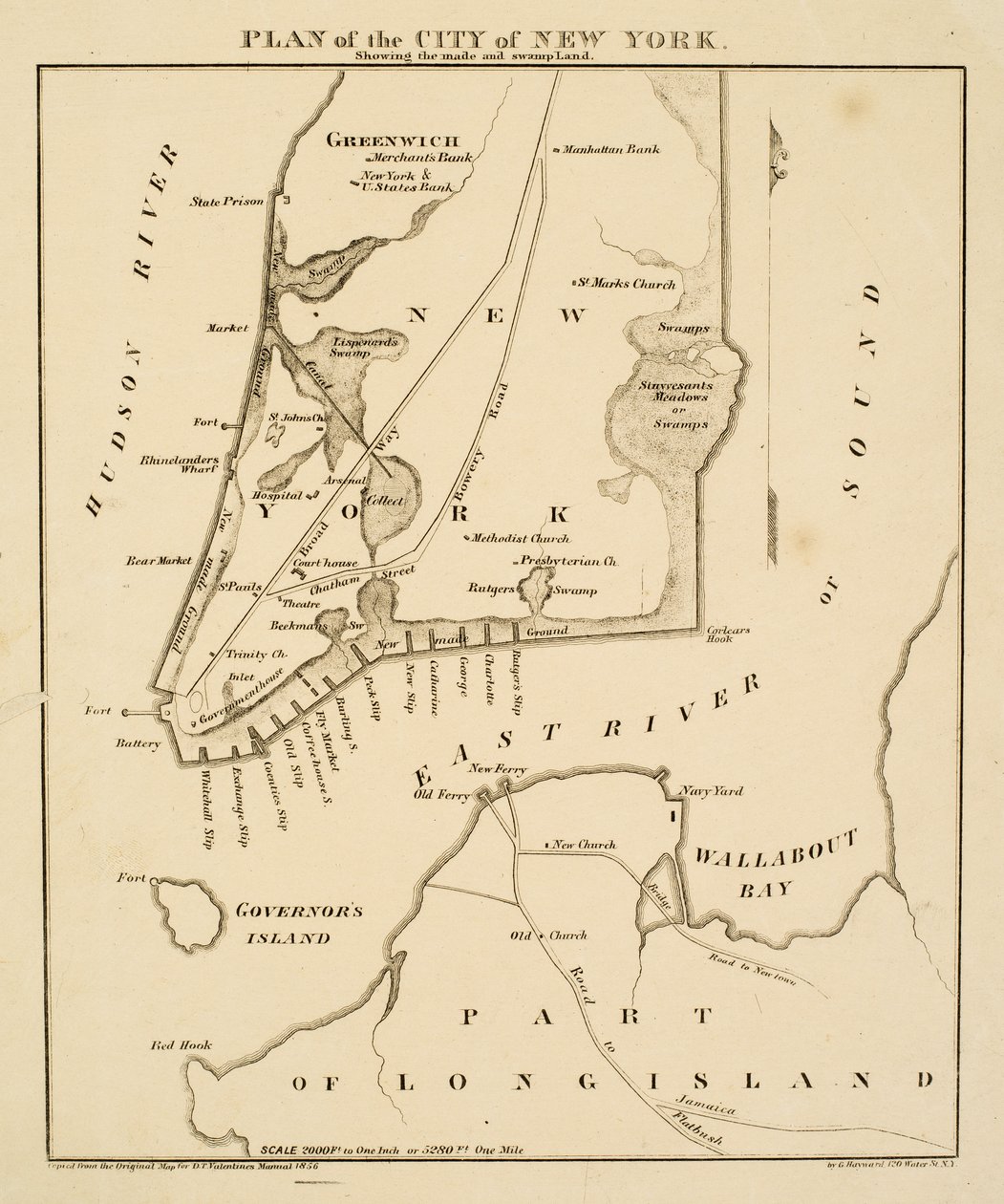 Piano della città di New York che mostra le terre bonificate e le paludi, 1856 da George Hayward