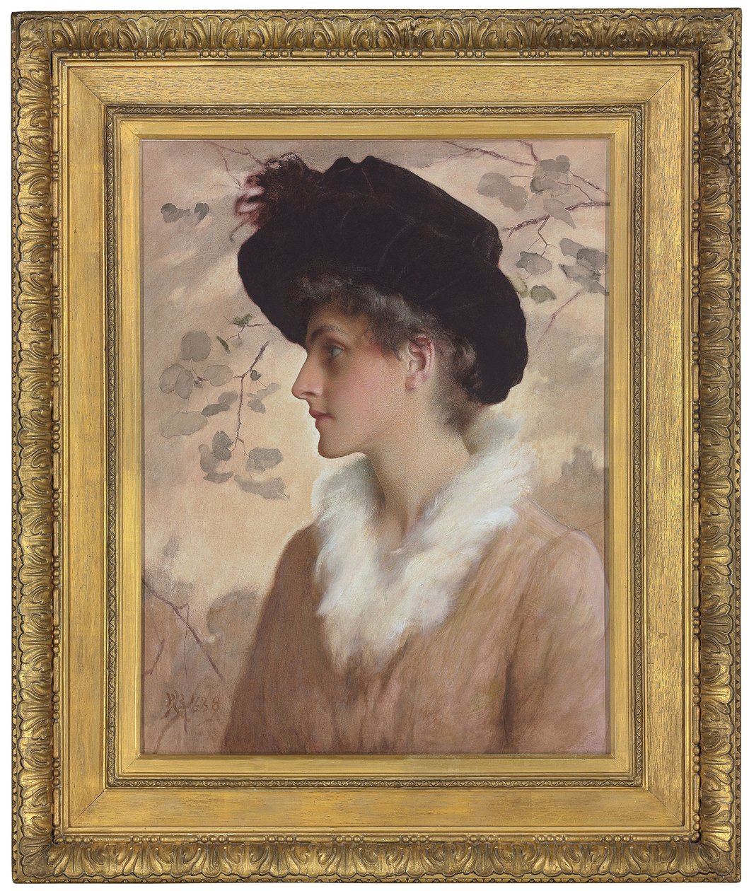 Ritratto di una signora, mezzo busto, con cappello nero e stola di pelliccia da George Henry Boughton