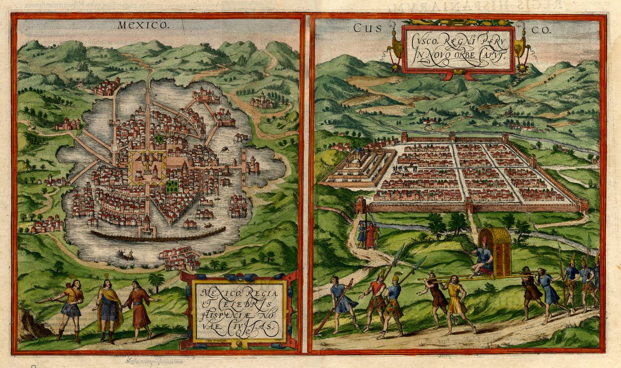 Viste di Città del Messico (ex Tenochtitlán) e Cusco da George & Hogenberg Frans & Pinet Antoine du Braun