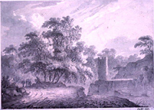 Una strada di campagna con viaggiatori accanto a una torre, costruita su una scogliera rocciosa, a Marino, vicino al lago Albano da George Howland Beaumont