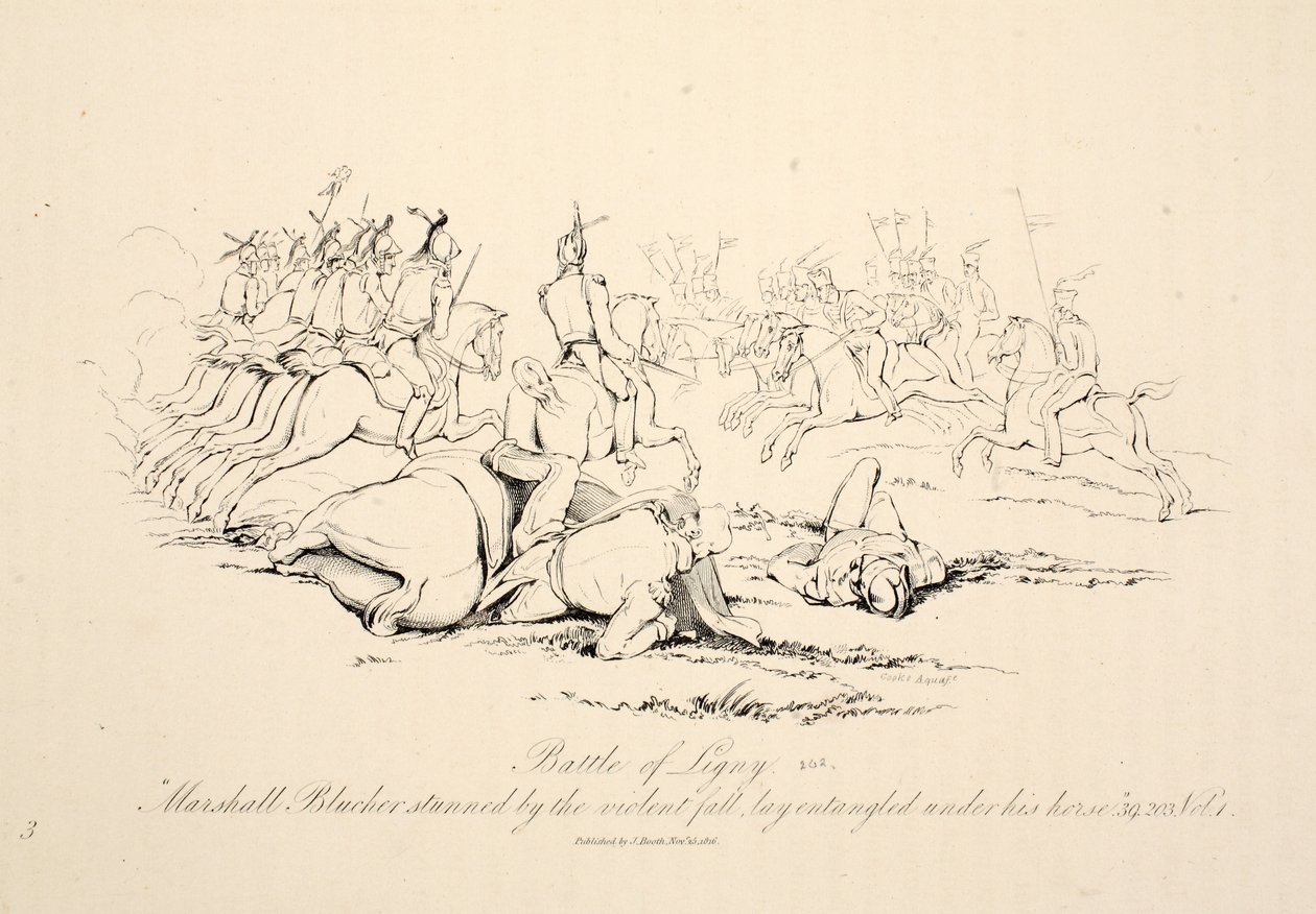 Battaglia di Ligny: il maresciallo Blucher stordito dalla caduta violenta rimase impigliato sotto il suo cavallo, pub J. Booth, 1816 da George Jones