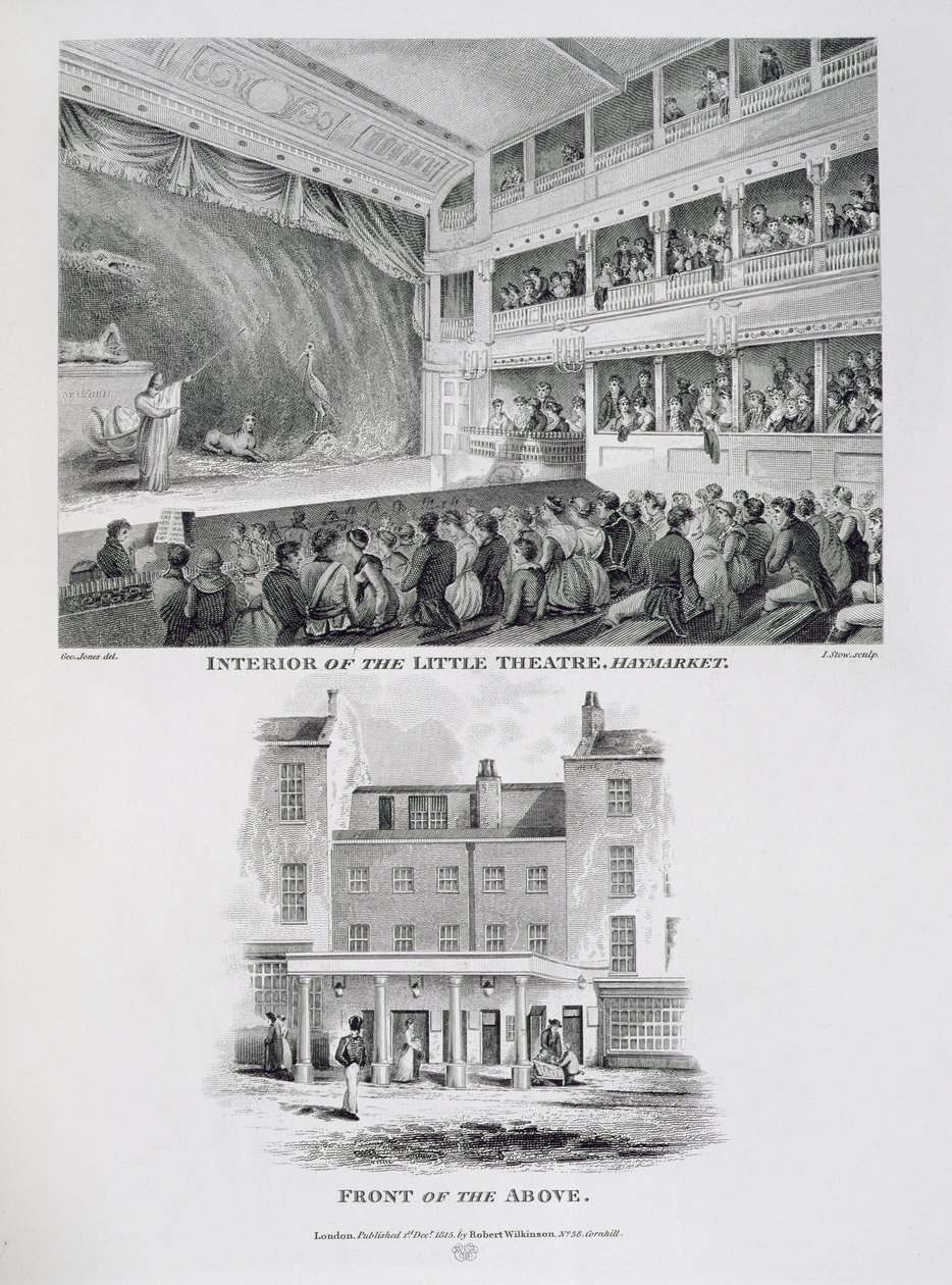 Interno del Little Theatre, Haymarket a Londra e la facciata sopra, inciso da James Stow, 1815 da George Jones