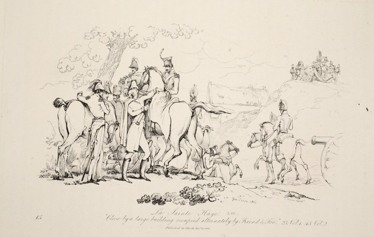 La Sainte Haye: vicino a un grande edificio occupato alternativamente da amici e nemici, pub. J. Booth, 1816 da George Jones