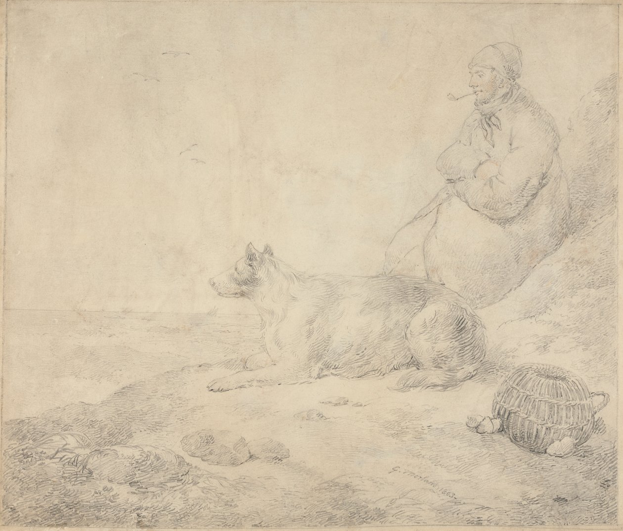 Pescatore e Cane Seduti sulla Costa da George Morland