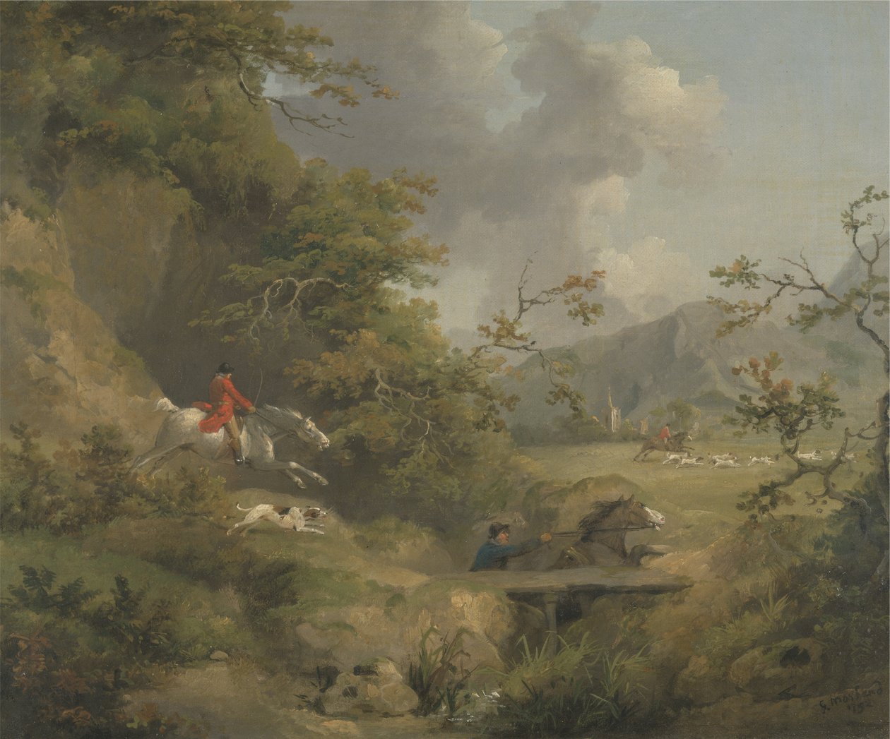 Caccia alla volpe in campagna collinare da George Morland