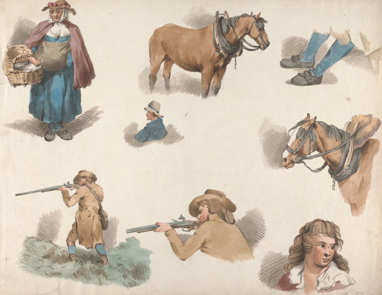 Set di cinque: Otto studi: Donna con cestino, cavallo con paraocchi, ecc. da George Morland