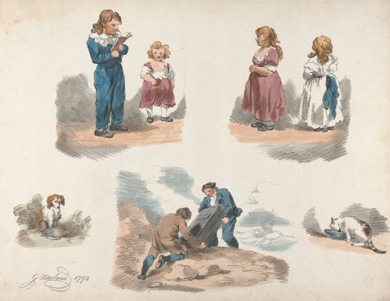 Set di cinque: studi di bambini, un cane, un gatto, ecc. da George Morland
