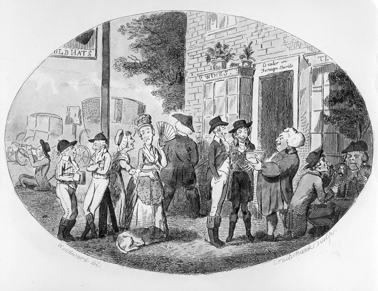 Fuori dalla vecchia taverna dei cappelli, inciso da Isaac Cruikshank da George Moutard Woodward