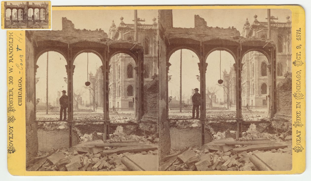 Stereografia del tribunale visto attraverso le rovine del lato est di Clark Street dopo l