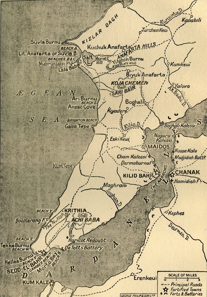 Mappa della Penisola di Gallipoli, 1919 da George Philip and Son Ltd