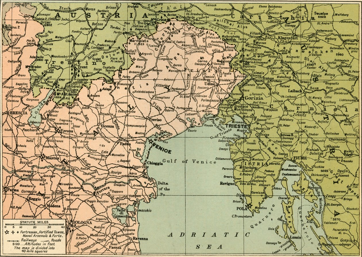 Mappa del fronte di combattimento italiano, 1919 da George Philip and Son Ltd