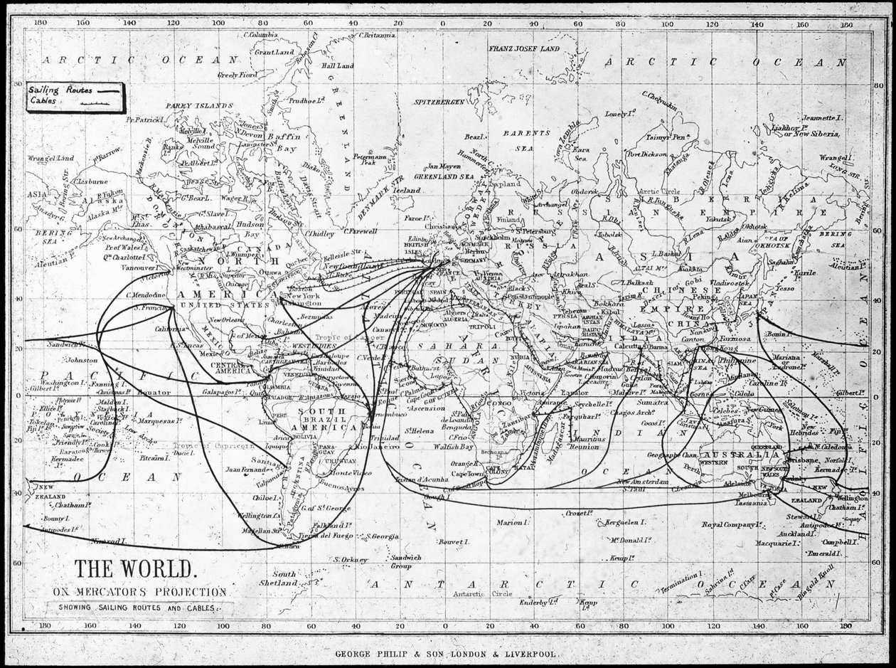 Mappa del mondo con rotte di navigazione e cavi telegrafici da George Philip and Son Ltd