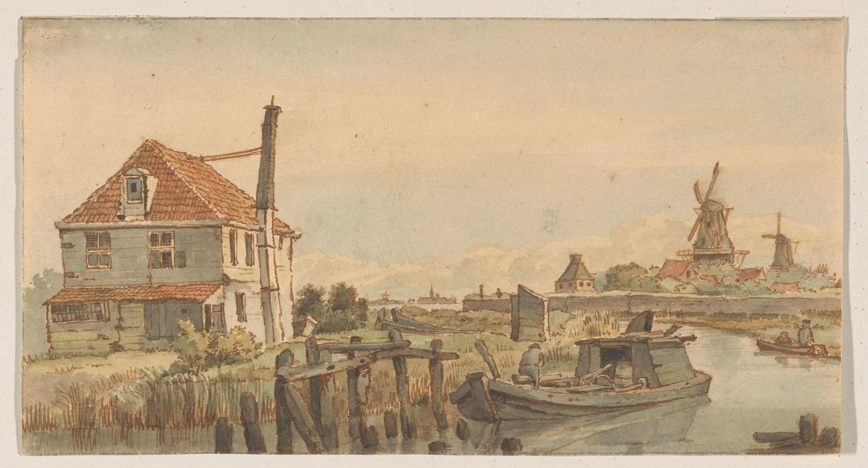 Canale con una barca, una casa e due mulini da George Pieter Westenberg