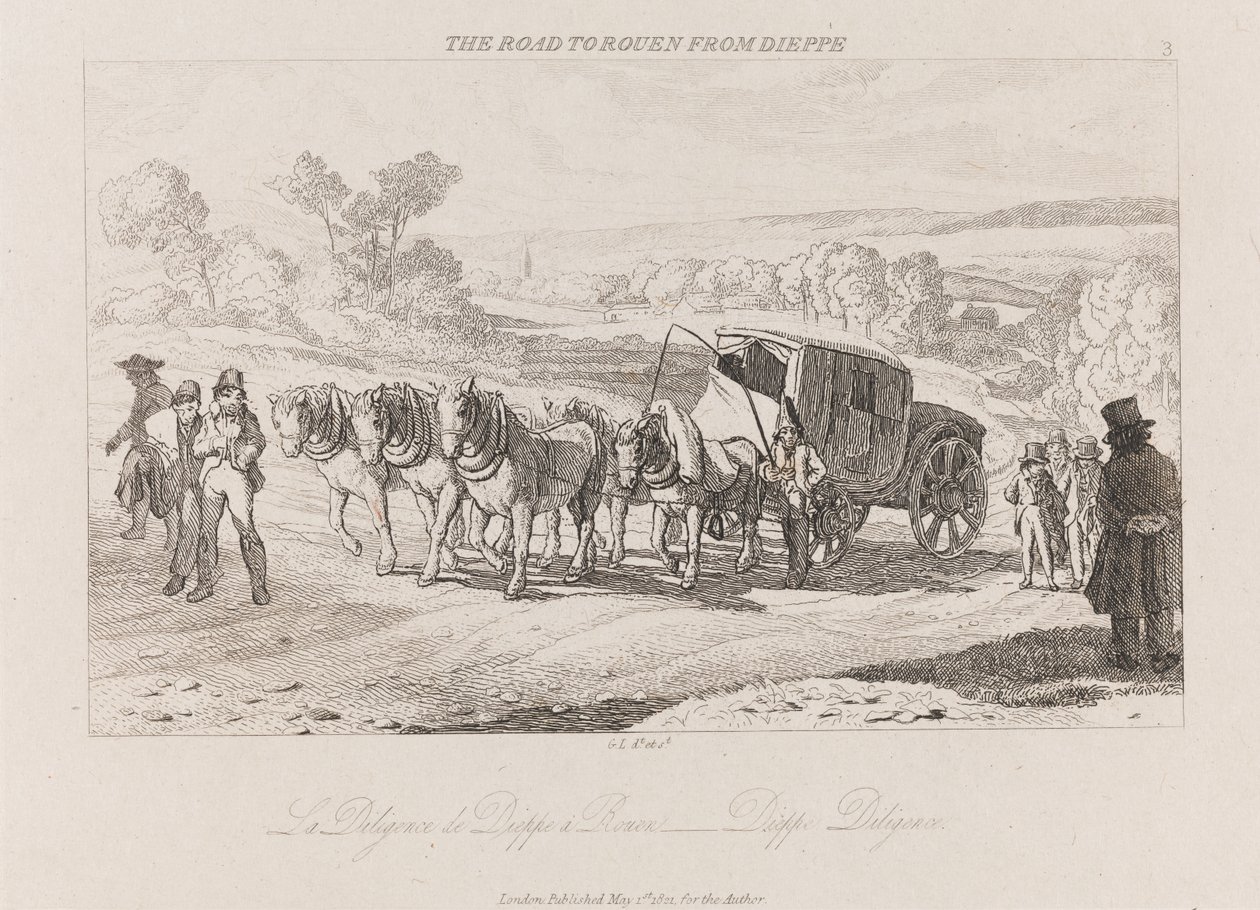 Strada per Rouen da Dieppe, Diligenza, ca. 1821 da George Robert Lewis