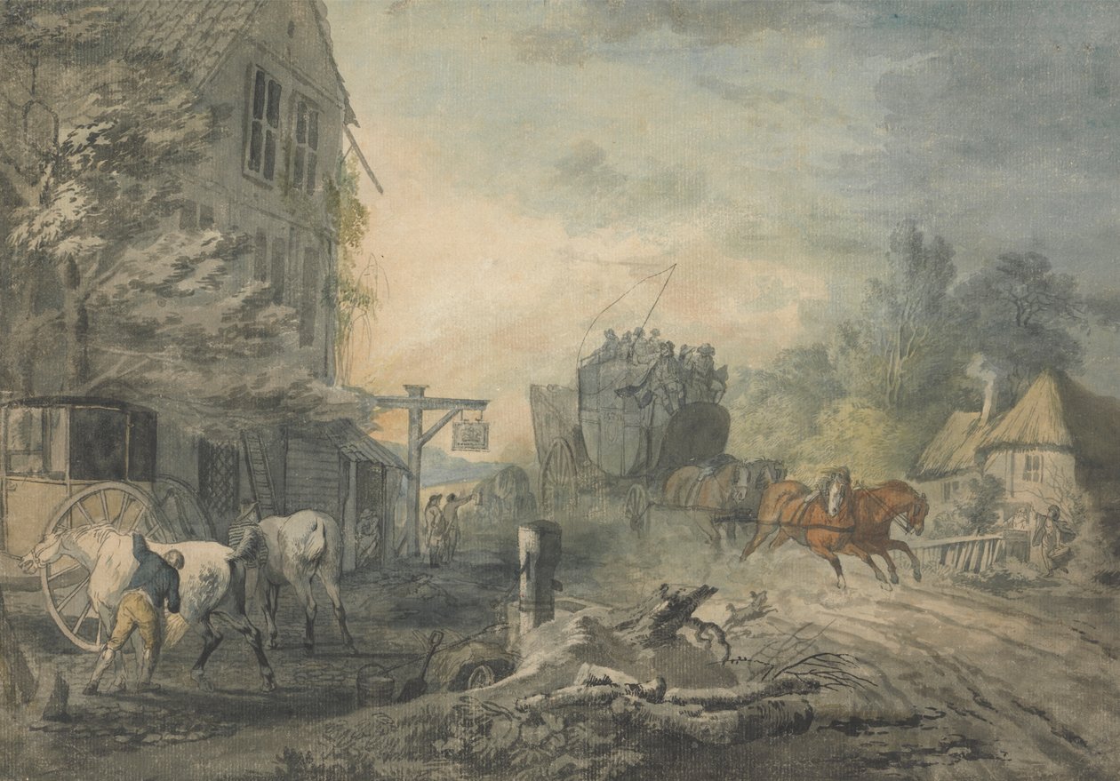 Diligenza e quattro cavalli che attraversano un villaggio sulla strada Bath-Londra da George Robertson
