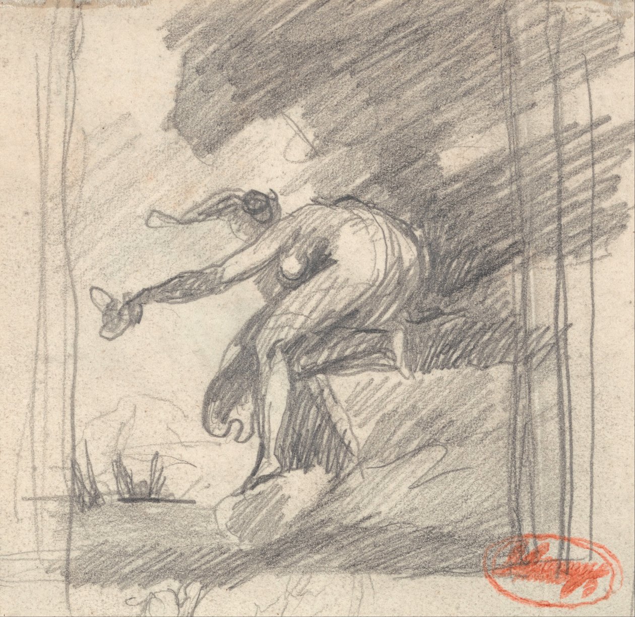 Figura femminile inginocchiata su un promontorio che saluta da George Romney