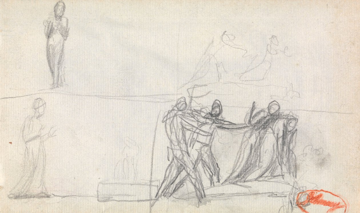 Scena di gruppo e due schizzi di una figura in piedi da George Romney