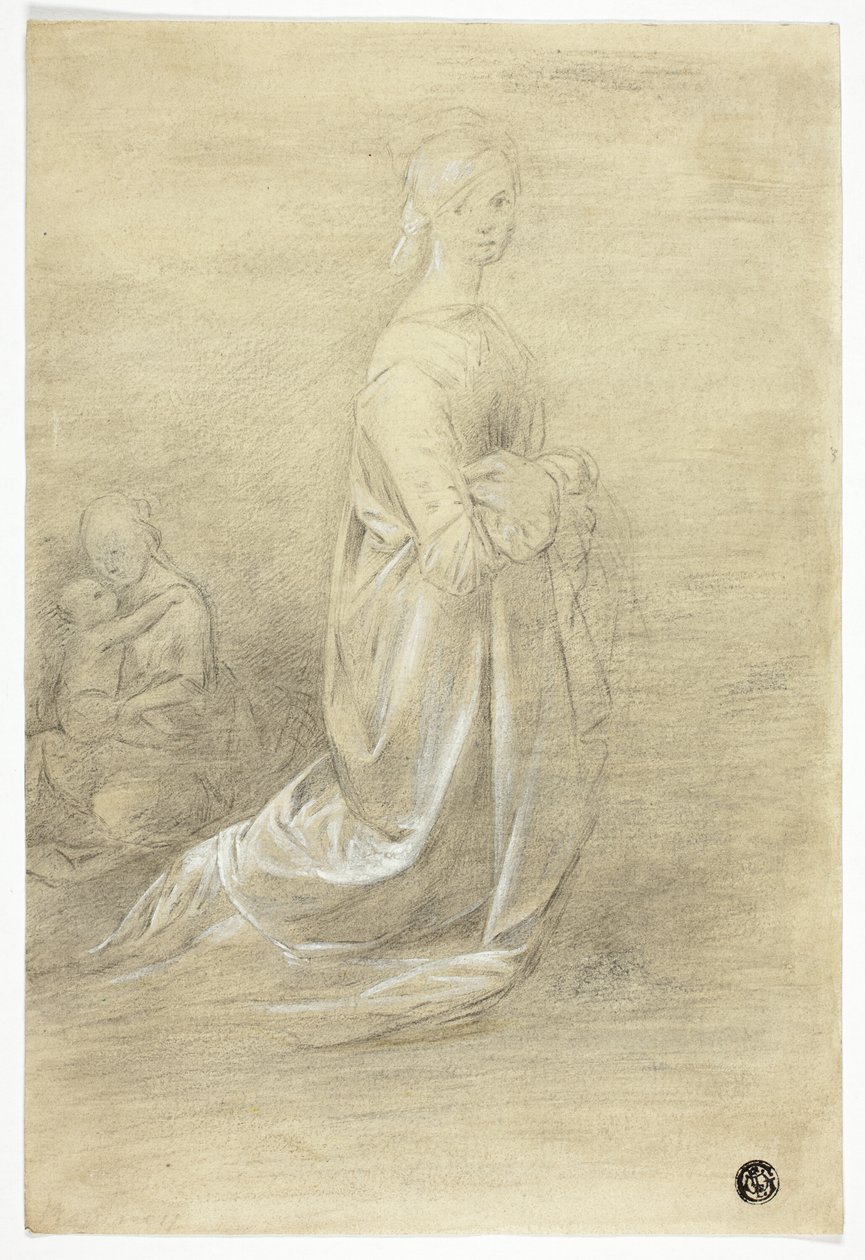 Donna inginocchiata, madre e figlio seduti da George Romney