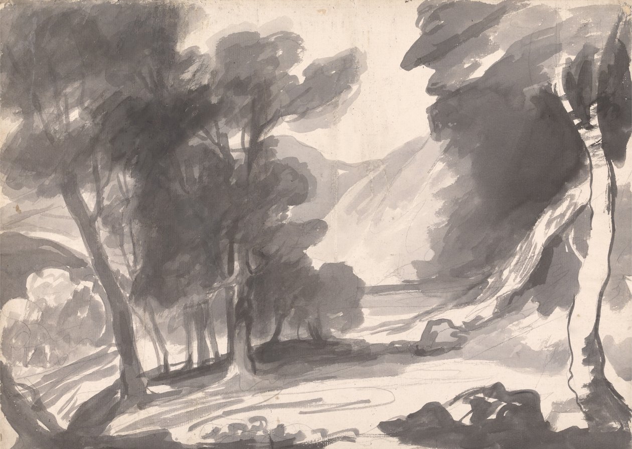 Studio paesaggistico: boschetto, lago e montagne da George Romney