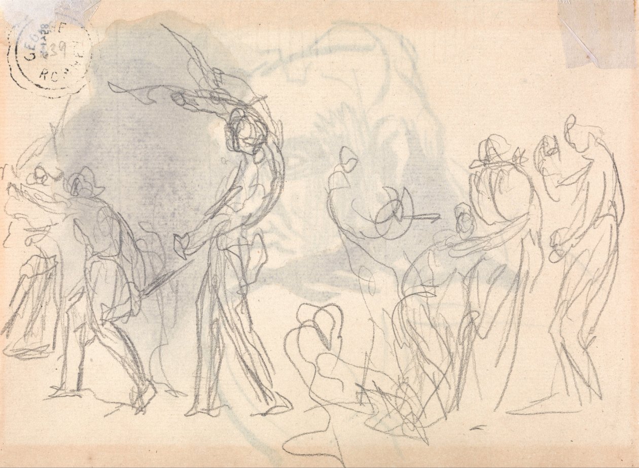 Uomini che escono a combattere, con una folla di donne rannicchiate alle spalle da George Romney