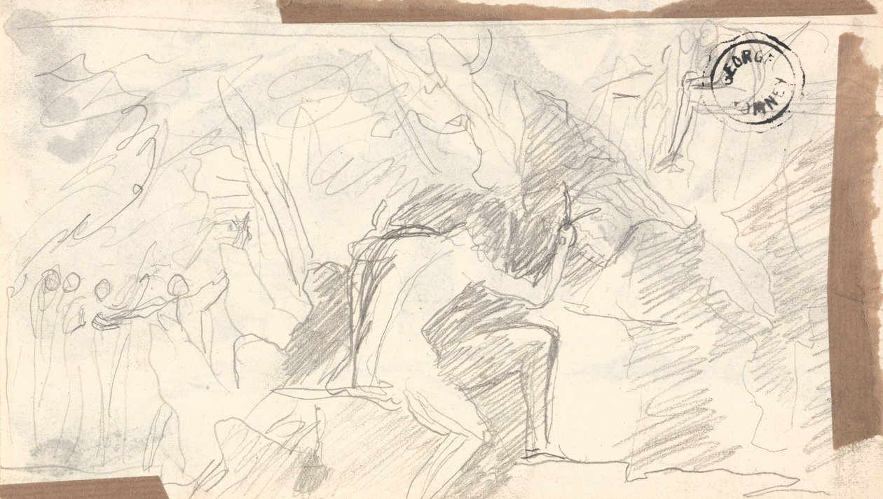Uomo nudo in una landa selvaggia e rocciosa con figure in lontananza da George Romney