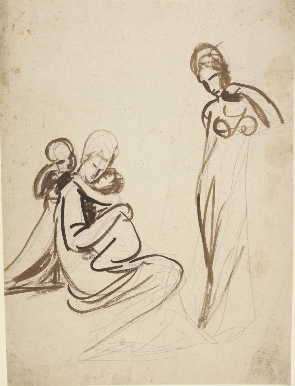 Donna seduta con due bambini e una donna in piedi da George Romney