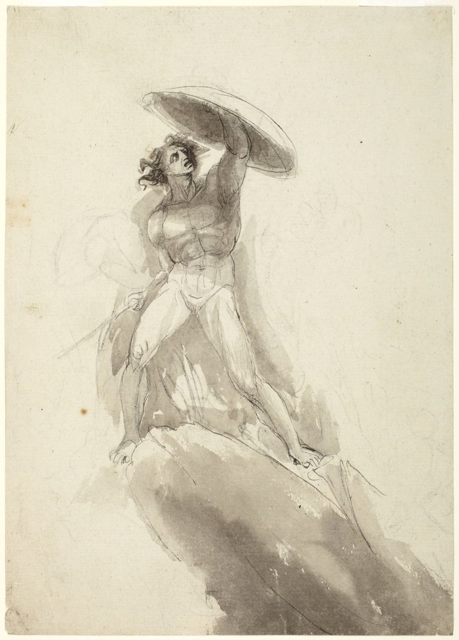 Nudo maschile a grandi passi con scudo: studio per “La caduta degli angeli ribelli” da George Romney