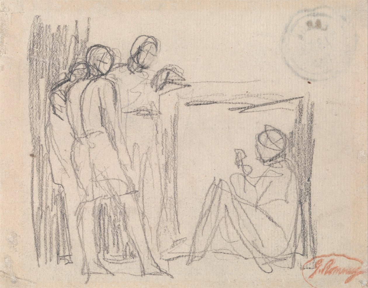 Tre figure in piedi davanti a una figura seduta da George Romney