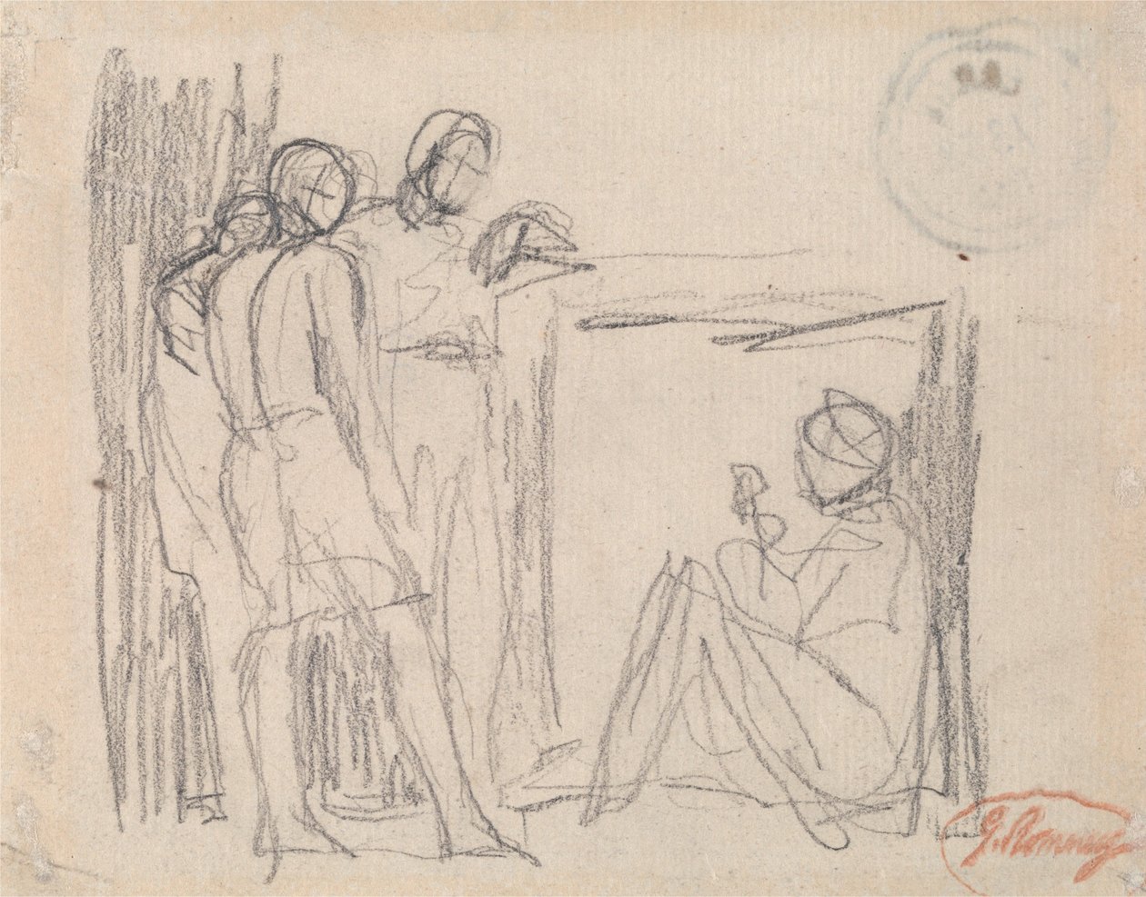 Tre figure in piedi davanti a una figura seduta da George Romney