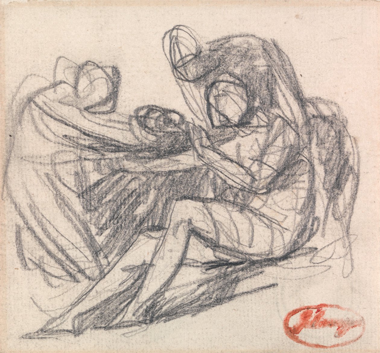 Due figure che aiutano una figura seduta da George Romney