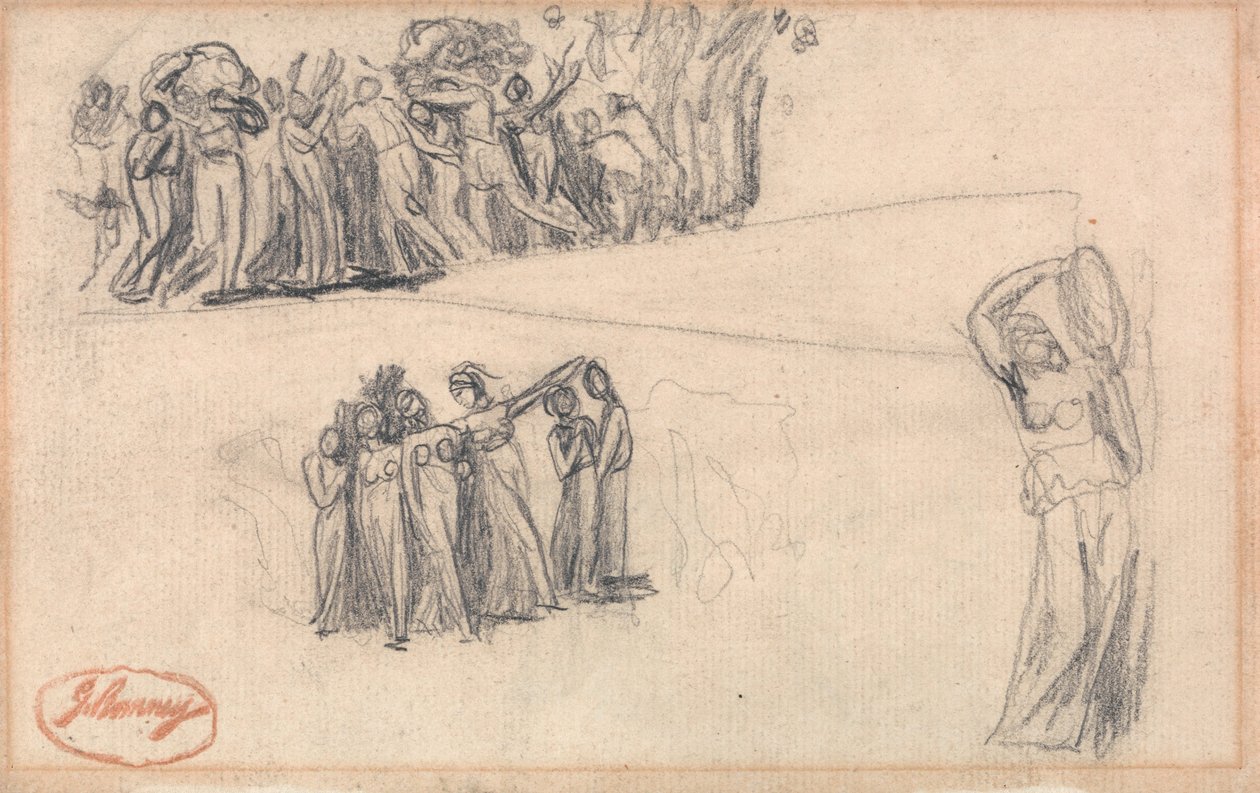 Due schizzi raffiguranti donne e bambini in fuga e una figura femminile in piedi che suona il tamburello, realizzati per Lady Anne Leveson nell’opera “Dancing Gower Children” da George Romney