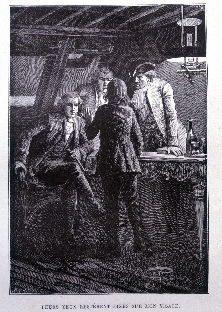 Scena di storia nella piazza della nave: il giovane Jim Hawkins davanti al Dr. Livesey e al Cavaliere Trelawnay - in 