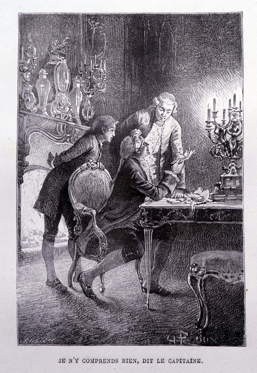 Giovane Jim Hawkins, Cavaliere Trelawnay e Dottor Livesey si riconciliano in un salotto - in "L