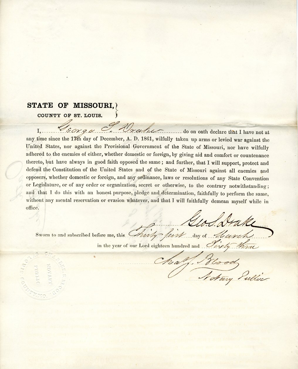 Giuramento di fedeltà di George S. Drake del Missouri, Contea di St. Louis da George S. Drake