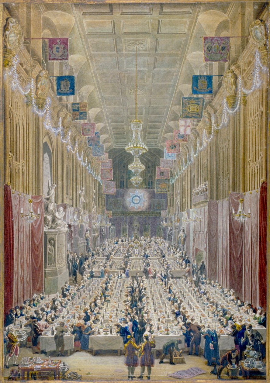 Veduta della cena del sindaco alla Guildhall, Città di Londra, 1828 da George Scharf