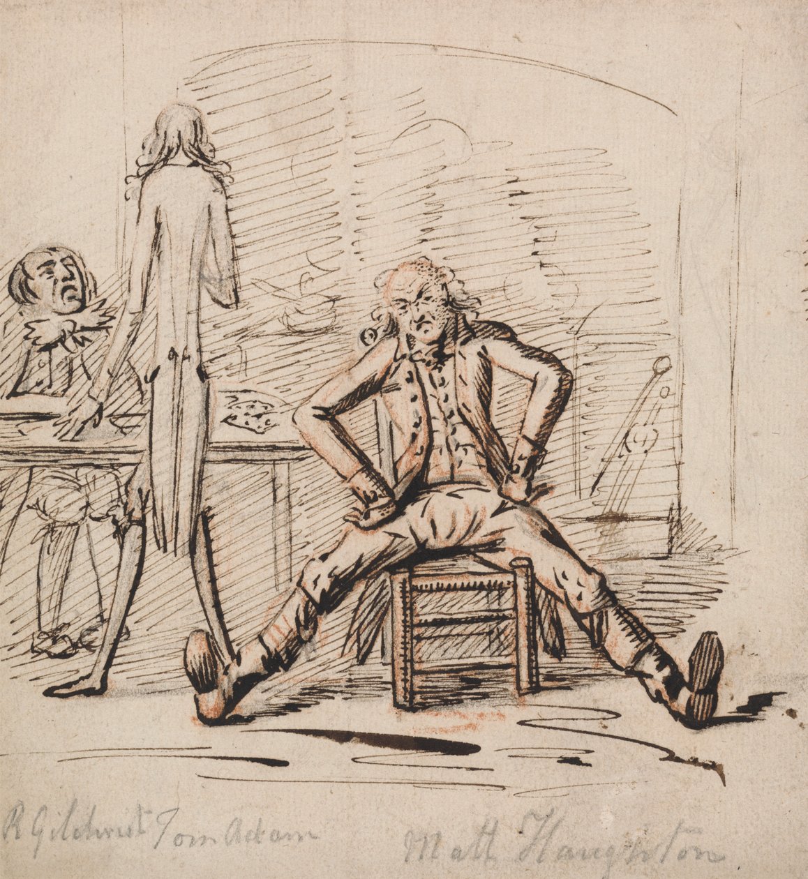 Tre uomini in una stanza: Gilchrist seduto a un tavolo, Tom Adam in piedi, visto da dietro, e Matt Haughton seduto con le gambe distese e le braccia sui fianchi davanti a un fuoco da George Shepheard