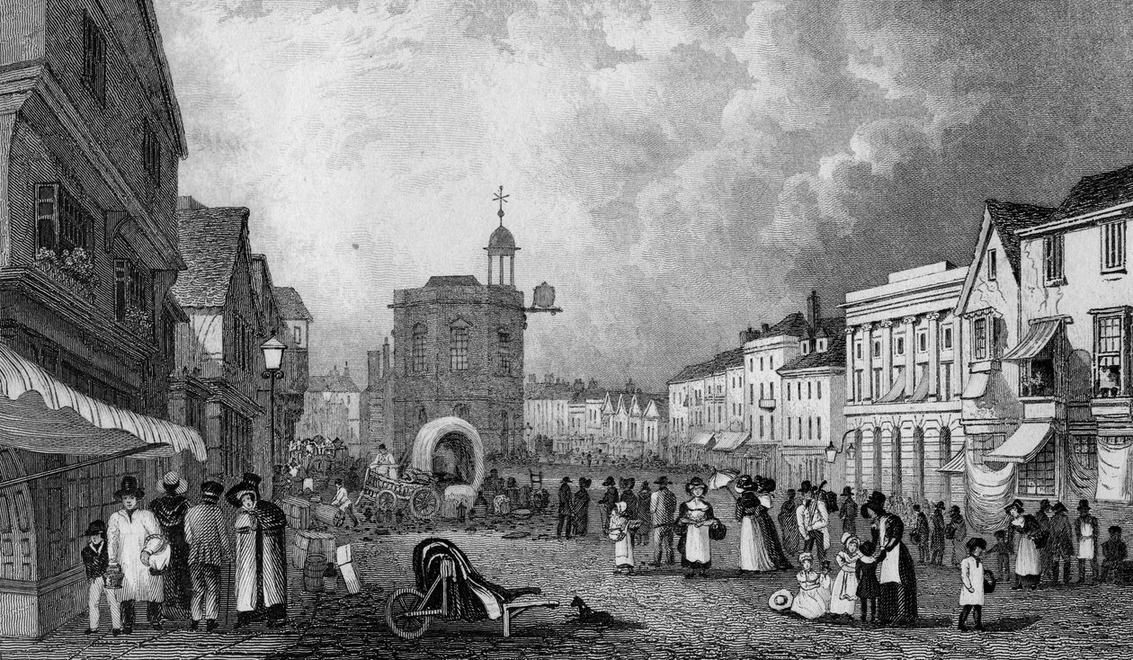 High Street, Maidstone, un giorno di mercato, inciso da S. Lacey, pubblicato 1832 da George Shepherd